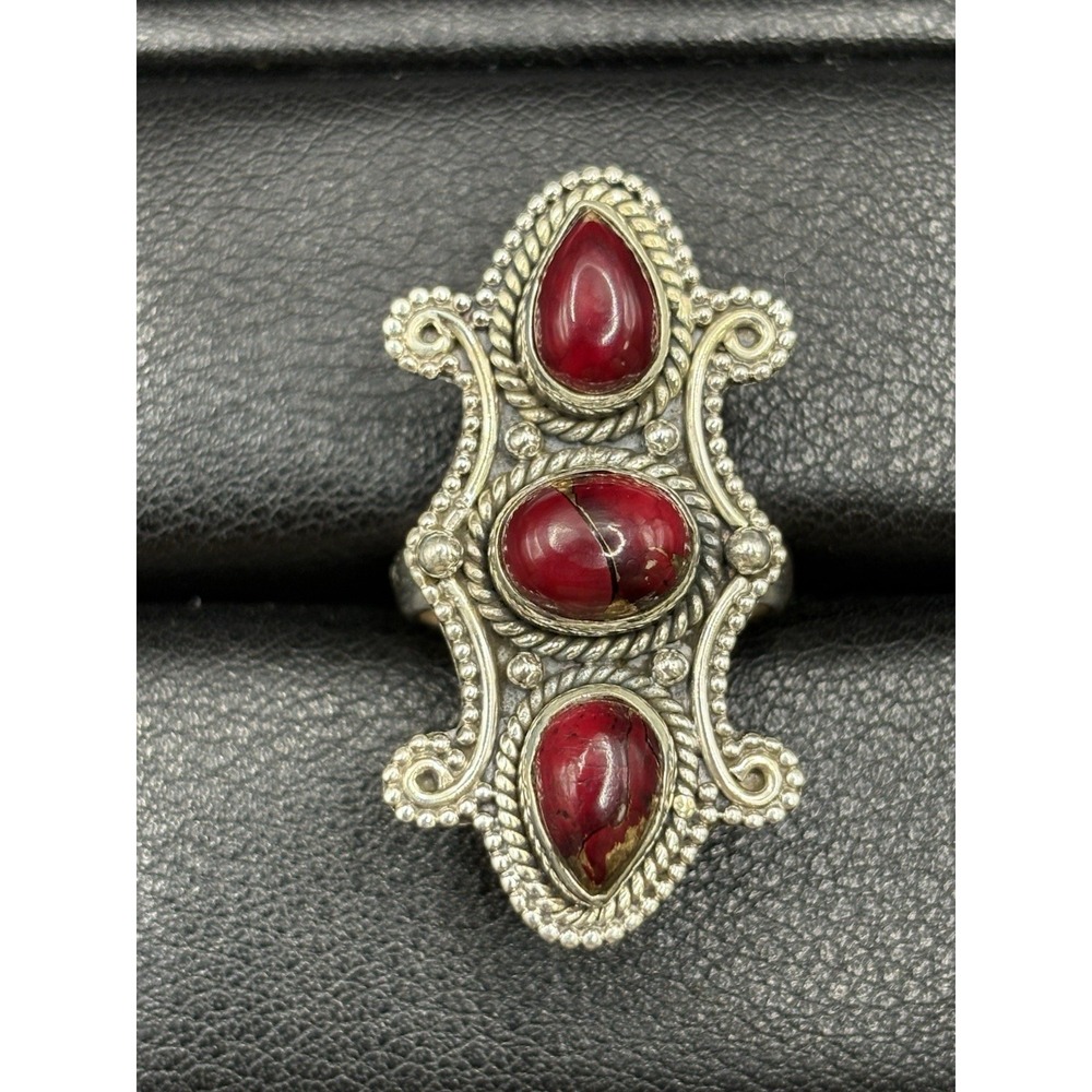 EUC Sterling Silver Red Dahlia Turquoise Ring Size 7  D20